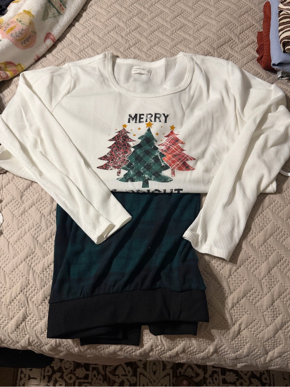 Maurices White Merry Christmas Tree Waffle Knit Thermal Pajama Set Size XXL